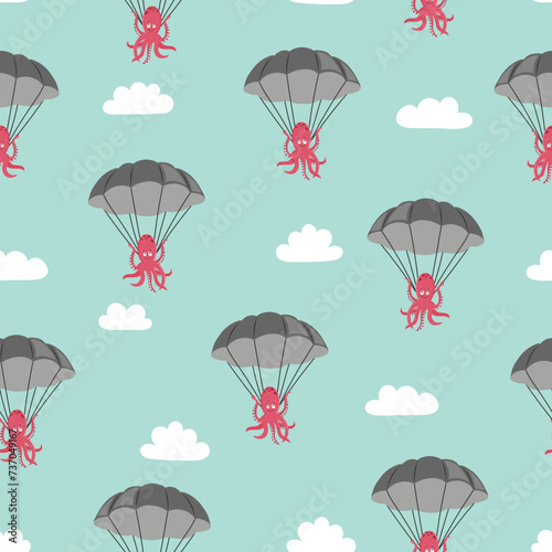 Fototapeta Naklejka Na Ścianę i Meble -  Cute octopus flying by parachute seamless pattern. Vector illustration for kids