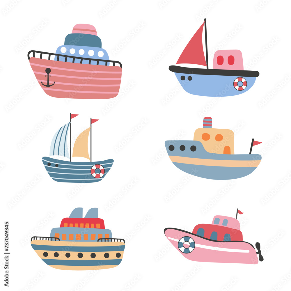 Cute hand drawn boats vector illustration. Cartoon ships for kids Cute hand drawn boats vector illustration. Cartoon ships for kids