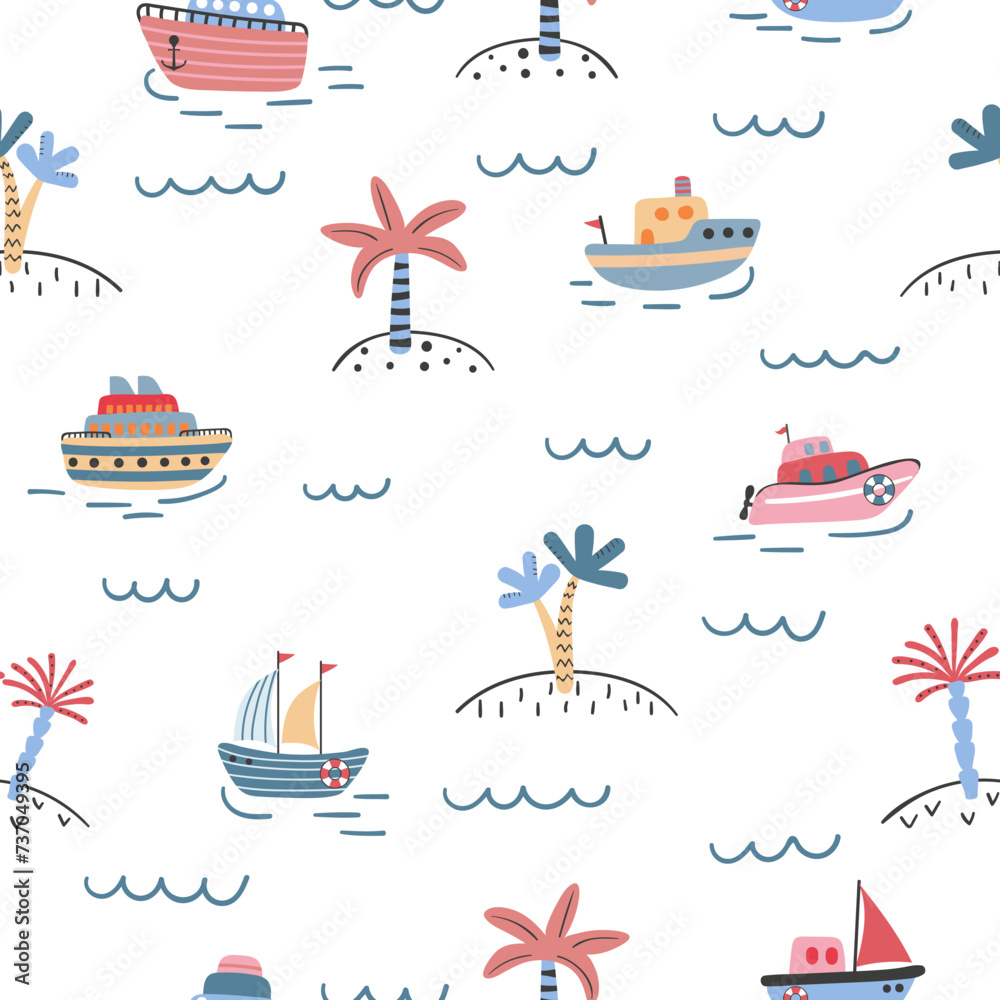 Cute marine pattern with cartoon ships and palm trees. Seamless vector sea print Cute marine pattern with cartoon ships and palm trees. Seamless vector sea print