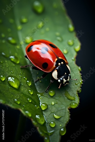 A ladybug perched on a leaf, its tiny spots and delicate antennae in sharp focus.