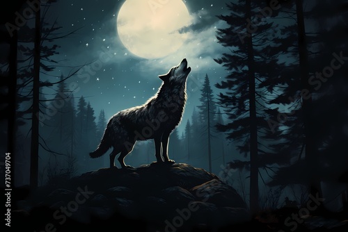 A lone wolf howling at the moon, its haunting call echoing through the night.