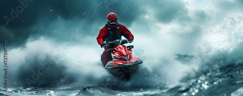 Lifeguard racing on jet ski to save in stormy sea. Concept Eco-friendly gardening tips, Mediterranean cuisine, DIY home decor, Virtual workouts, Traveling on a budget photo