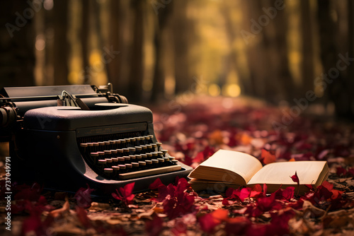 An old typewriter and an unwritten book is forgotten in a romantic forest. A reminder of World Poetry Day. World Book Day. photo
