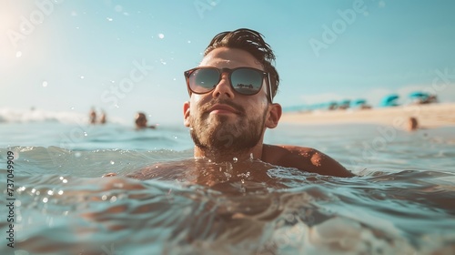 A man is swimming in the ocean, confidently wearing sunglasses and enjoying the water. © Matty