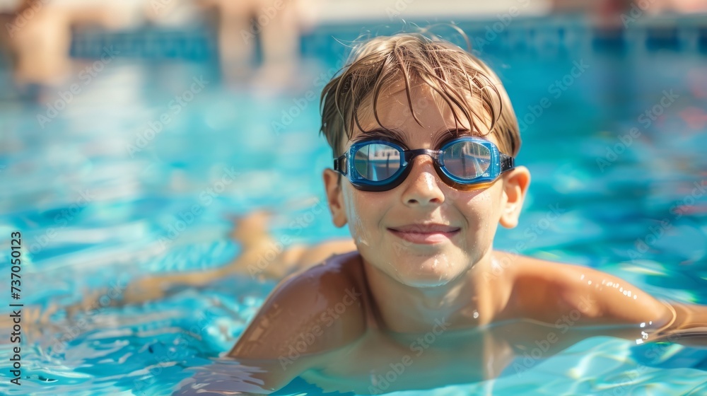 Naklejka premium Young Boy Wearing Goggles in a Swimming Pool