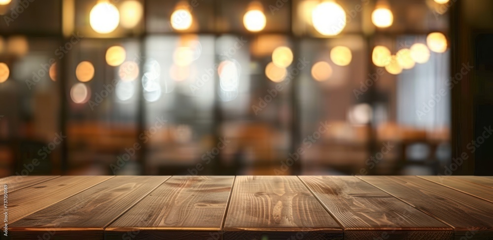 Urban rustic charm with spacious wooden table poised for product display light filters softly through highlighting rich brown hues of wood and casting warm inviting glow around