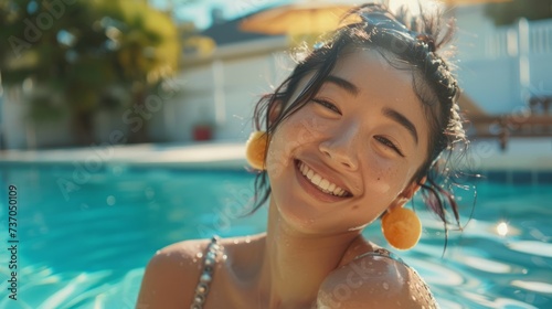 Woman in Swimming Pool Smiling at Camera