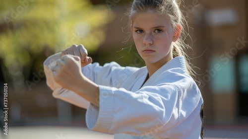A woman dressed in a white kimono is actively engaging in karate training, executing precise moves and techniques with determination and focus.