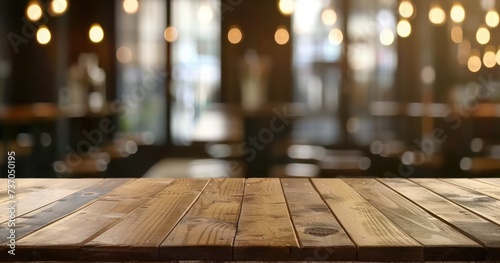 Urban rustic charm with spacious wooden table poised for product display light filters softly through highlighting rich brown hues of wood and casting warm inviting glow around © Thares2020