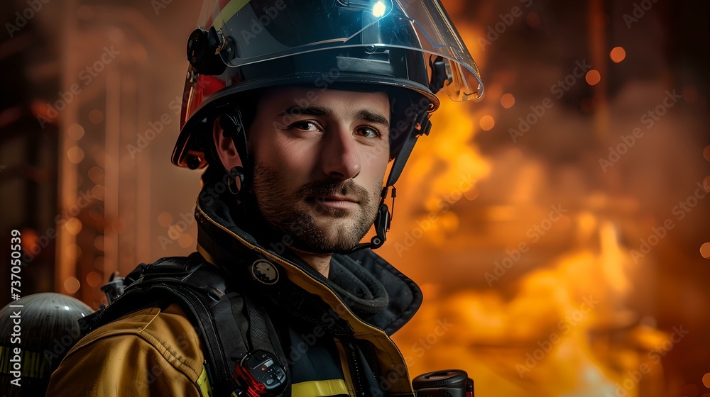 Brave firefighter ready for action in front of raging flames. professional hero captured in duty moment. emergency response theme portrait. AI Brave firefighter ready for action in front of raging flames. professional hero captured in duty moment. emergency response theme portrait. AI