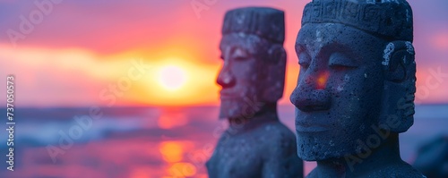 Enhancing Polynesia's Mysterious Allure: Enigmatic Stone Statues and Vibrant Sunsets. Concept Tropical Paradise, Enigmatic Stone Statues, Vibrant Sunsets, Polynesian Culture, Mysterious Allure