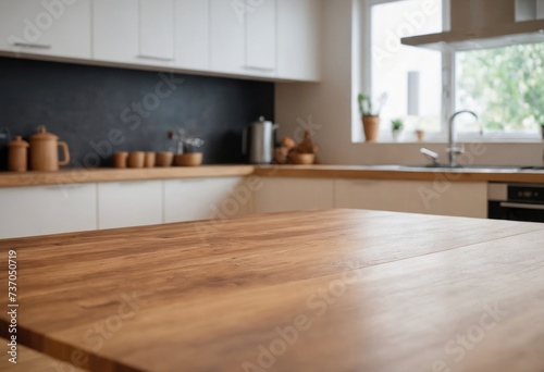 Wooden table top on blur kitchen room background. Advertising template for utensil and products. For montage product display or design key visual layout. Ai generation