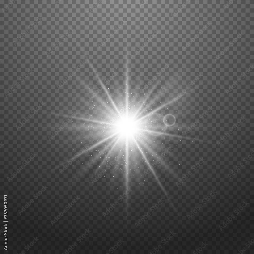 Light effect on a transparent background. A sparkling white glare, a twinkling star. Vector element with highlights and rays.