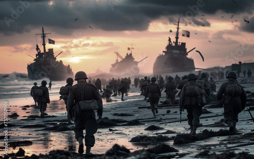 D-Day normandy landing 1944, WWII landing crafts and soldier on the beach, 80th anniversary