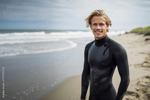 Portrait of smiling boy in wetsuit looking at camera on beach.
