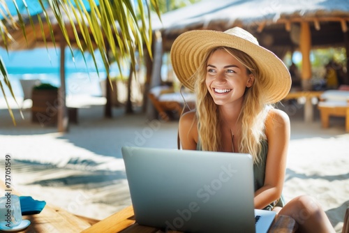Cheerful young woman working on a laptop on vacation. Copy space.