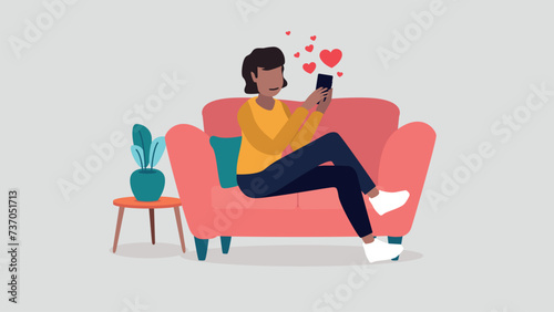 Vektor-Illustration einer Frau die mit ihrem Smartphone auf einer Online-Dating-Plattform flirtet - Dating-Konzept