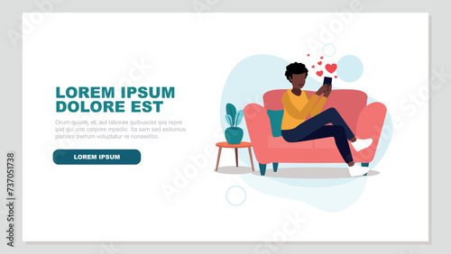 Vektor-Illustration einer Frau die mit ihrem Smartphone auf einer Online-Dating-Plattform flirtet - Dating-Konzept