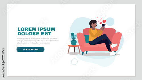 Vektor-Illustration einer Frau die mit ihrem Smartphone auf einer Online-Dating-Plattform flirtet - Dating-Konzept