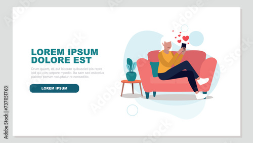 Vektor-Illustration einer Frau die mit ihrem Smartphone auf einer Online-Dating-Plattform flirtet - Dating-Konzept