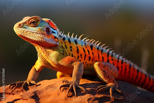 The textured scales of a lizard, basking on a sun-warmed rock, with the vibrant hues of its skin blending seamlessly with the surrounding landscape. © Animals