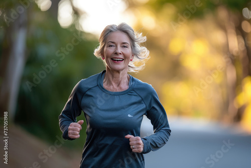 Senior Caucasian woman running in the park under the morning sun, health and activity in old age