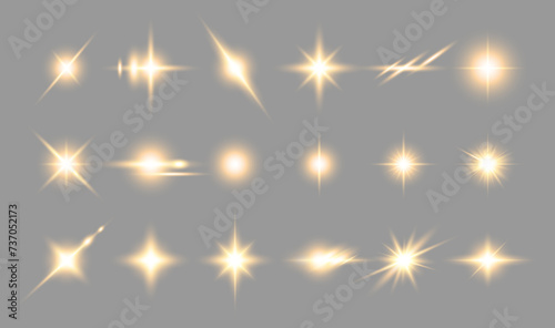 Transparent golden light effects on a gray background. A collection of various glowing sparks, stars. The effect of glow, radiance, shine. Vector EPS 10.