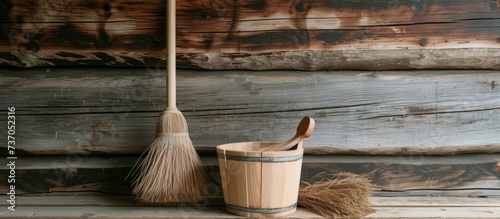 Household cleaning supplies: broom and bucket on a rustic wooden floor