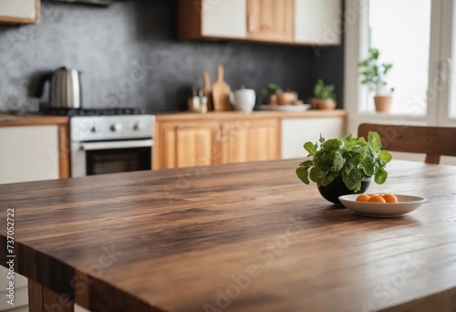Wooden table top on blurred kitchen room in background. Advertising template for utensil and products. For montage product display or design key visual layout. Generation Ai