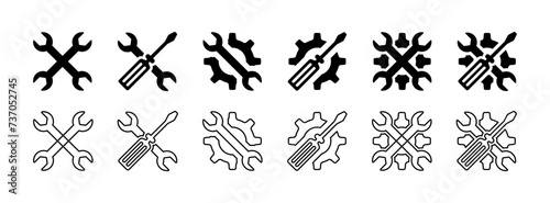 Repair icons. Silhouette, black, keys, screwdrivers and gears, repair icons. Vector icons