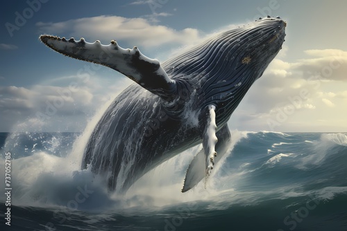 A magnificent humpback whale breaching the surface of the ocean, its massive body suspended in mid-air before crashing back into the water. © Animals