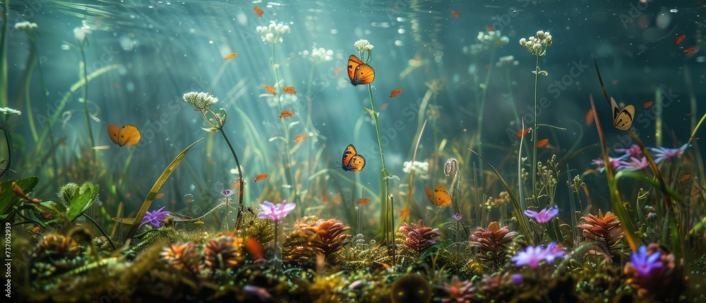 Enchanted Underwater Garden: A tranquil landscape of colorful flora and graceful butterflies illuminated by the sun's rays