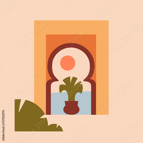 Oriental architecture. Abstract Moroccan building, arch with plant, water, Eastern sun. Berber Morocco house, arc window in ancient traditional Marrakesh style, square card. Flat vector illustration