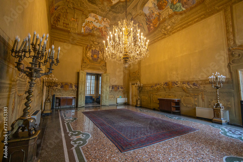 GENOA, ITALY, JANUARY 20, 2024 - The great hall of Centurione Pitto Palace in the historic centre of Genoa, Italy