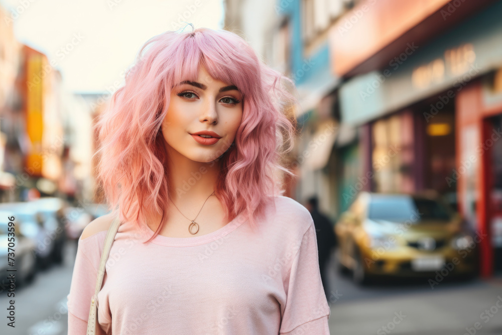 Personality girl with pink hair posing on the street