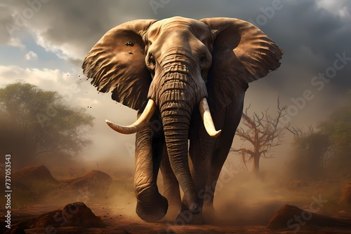 A majestic elephant bull raising its trunk high in the air, a symbol of strength and wisdom in the animal kingdom.