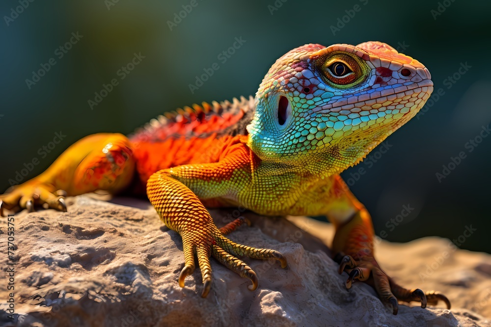 Naklejka premium The textured scales of a lizard, basking on a sun-warmed rock, with the vibrant hues of its skin blending seamlessly with the surrounding landscape.