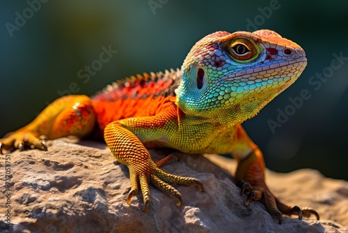 The textured scales of a lizard, basking on a sun-warmed rock, with the vibrant hues of its skin blending seamlessly with the surrounding landscape.