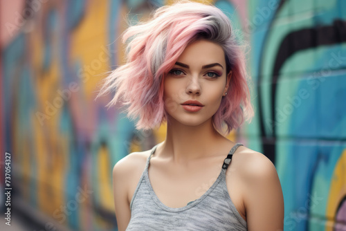 Personality girl with multi-colored hair posing on the street