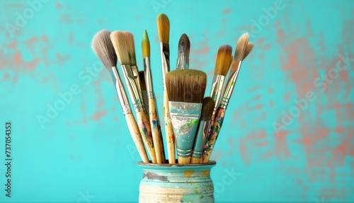 Paint brushes in vase on blue background, world art day image