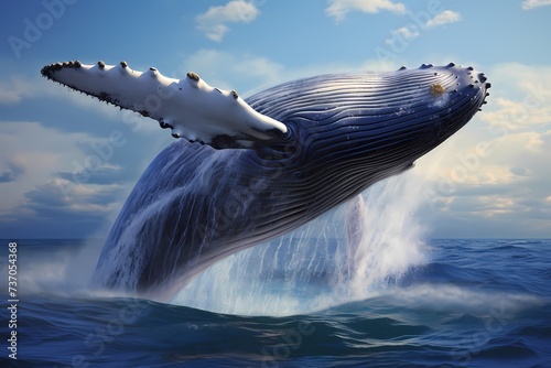 A majestic humpback whale breaching out of the water, capturing the moment against a serene sky-blue background. © Animals