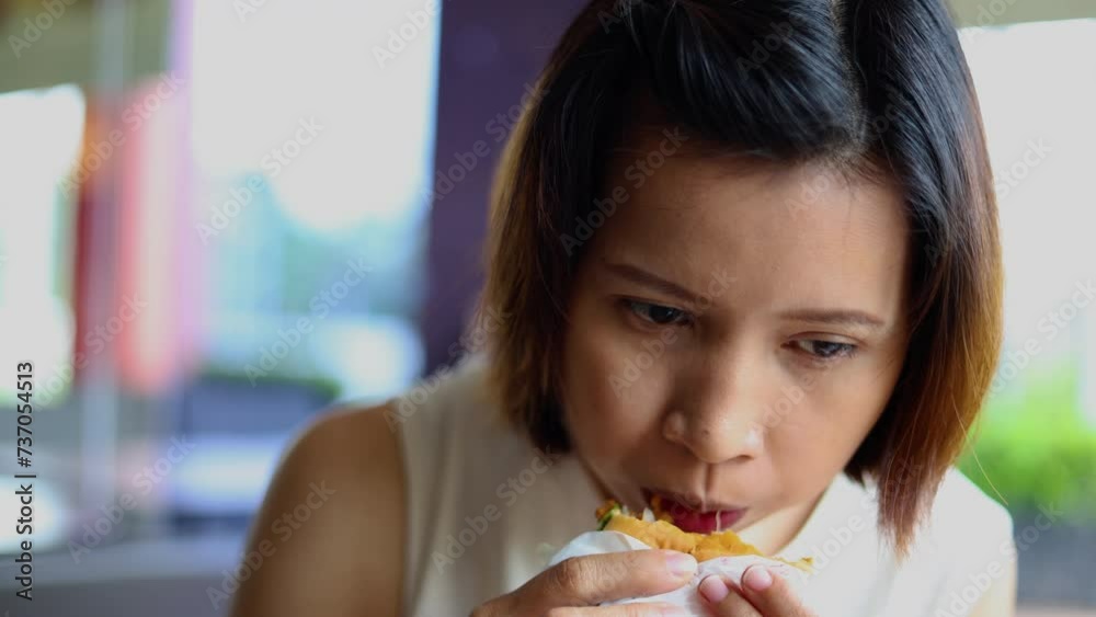 A woman eating a hamburger. Blur background. A woman eating a hamburger. Blur background.
