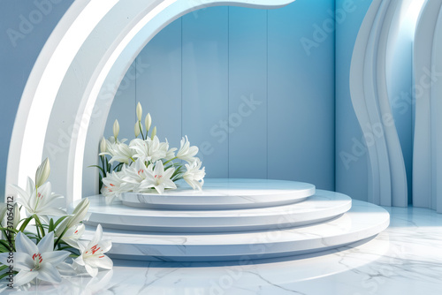 3d render, abstract minimal scene with geometrical forms, podiums, palm leaves, flowers on a purple background.