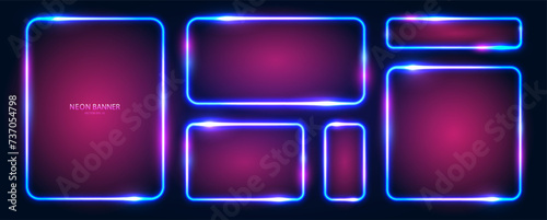 Neon frames with rounded edges with glow effects, highlights on a dark blue background. A set of futuristic modern neon glowing banners. Vector EPS 10.