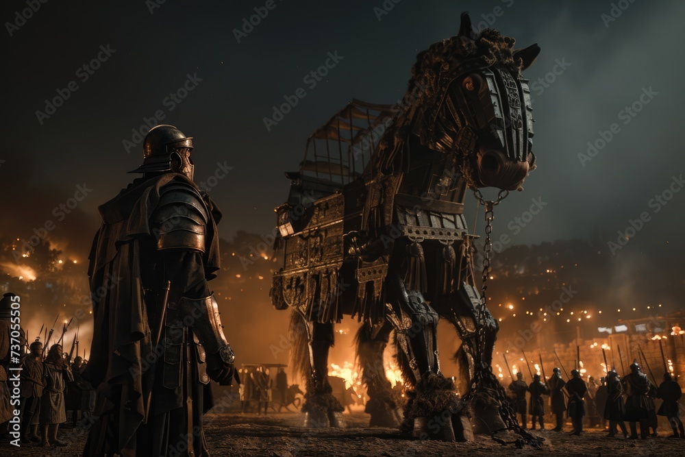 Unveiling deception: the legend of the trojan horse, a symbol of cunning strategy and ancient warfare, an iconic tale of infiltration, betrayal, and surprise in greek mythology and history - obrazy, fototapety, plakaty 