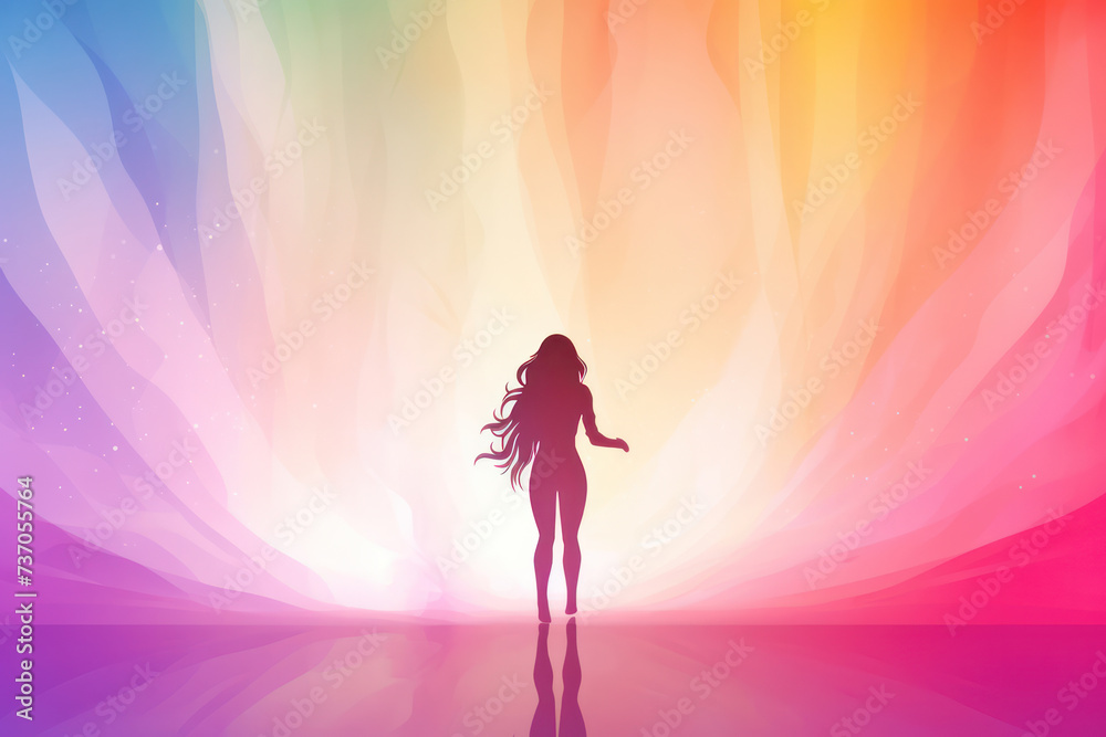 Shining Beauty: Abstract Blue Wave on Bright Gradient Background with Silhouette of Young Woman, in a Modern Art Design