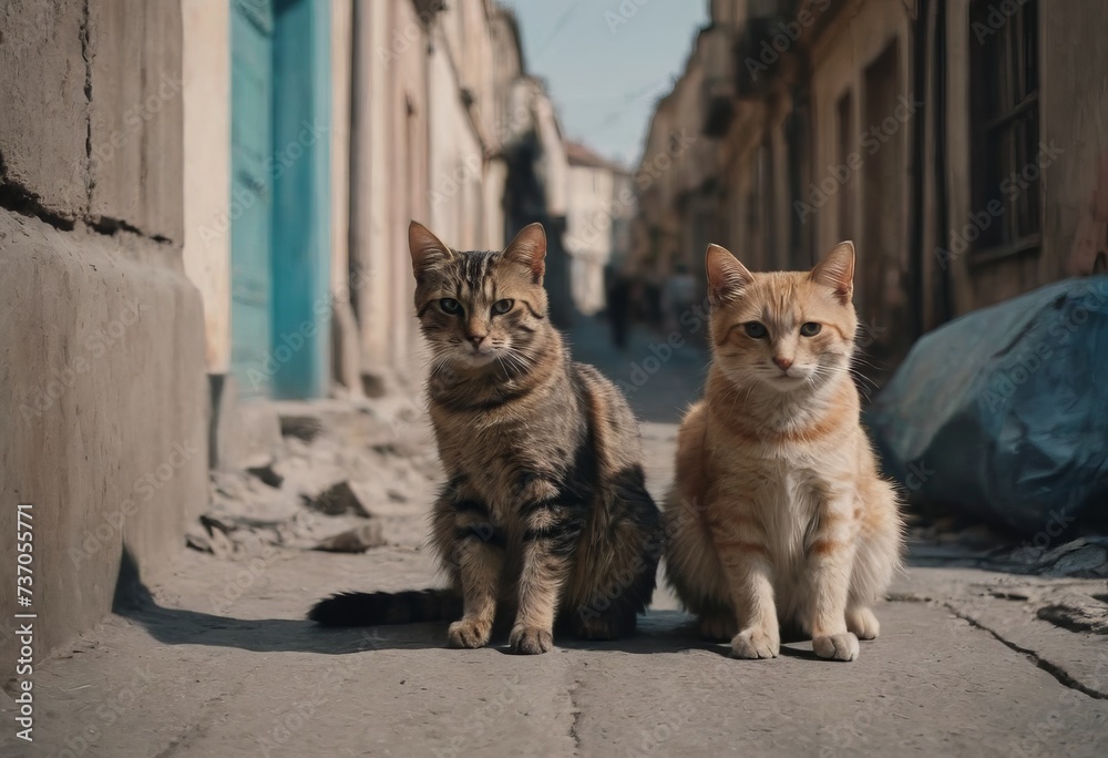 A group of stray cats in an old abandoned town, houses dilapidated, possibly after the war. A group of stray cats in an old abandoned town, houses dilapidated, possibly after the war.