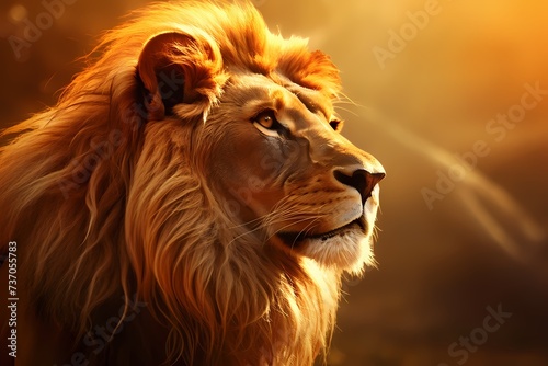 A majestic lioness, her golden mane flowing, against a rich golden background.