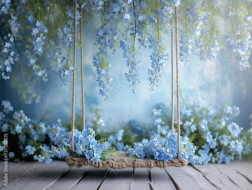 sfondo per fotografia di neonato o bimbi, sfondo di altalena ricoperta di fiori azzurri, fondale azzurro, per inserimento bimbi maschi photo