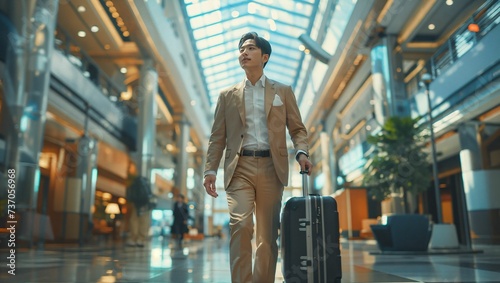 A young man is traveling on a business trip